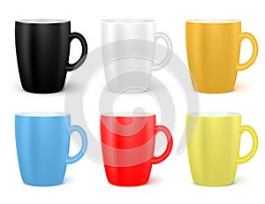 Realistic white cups set isolated on white background. Mugs of various colors. Coffee cups collection. Vector template