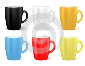 Realistic white cups set isolated on white background. Mugs of various colors. Coffee cups collection. Vector template for Mock Up