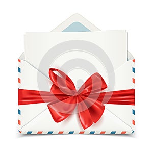 Realistic white envelope with blank paper sticking out and decorative red bow, vector illustration