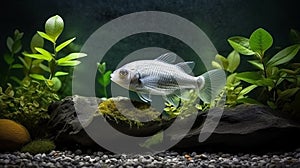 Realistic White Fish Swimming In Silver Tank With Detailed Foliage