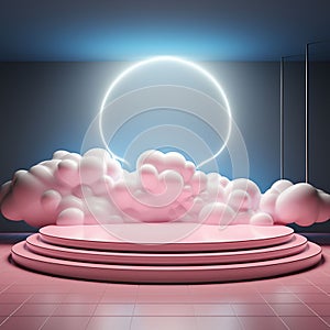 Realistic white fluffy clouds in product podium with neon circle, pink cloud sky background