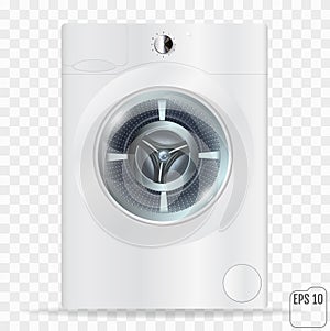 Realistic white front loading washing machine on a transparent b
