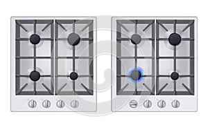 Realistic white gas stove top view. Realistic kitchen appliance set.