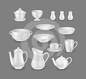 Realistic white glossy dishes set. 3d ceramic crockery, dishware mockup template