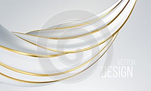 Realistic white and gold swirl shape isolated on white background. Liquid abstract modern banner design. Vector