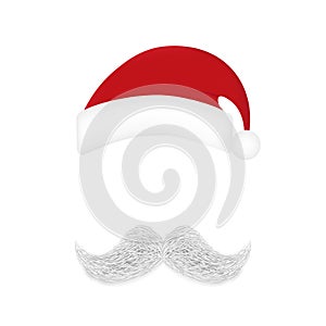 Realistic white gray mustache, holiday hat, Santa Claus element, Christmas New Year on red background - Vector