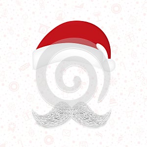 Realistic white gray mustache, holiday hat, Santa Claus element, Christmas New Year on red background - Vector