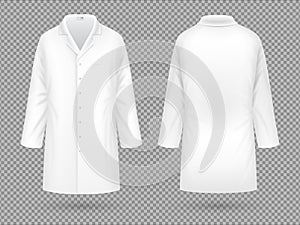 Realistic white medical lab coat, hospital professional suit vector template isolated