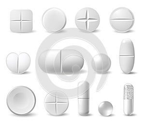 Realistic white medicine pills. Pharmaceutical painkiller drugs, antibiotics, vitamins capsule. Chemical healthcare