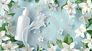 Realistic white modern poster showing liquid soap packaging and falling jasmine flowers. Skin care cosmetics body lotion