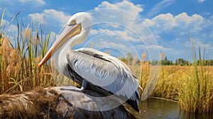 Realistic White Pelican Standing By Water: Detailed Illustration