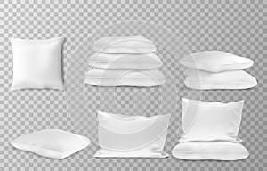 Realistic white pillows side en top view combinations mockup set transparent background