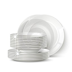 Realistic white plates stack. Clean shining cookware. Porcelain dinnerware. Washed crockery pile. Isolated dining