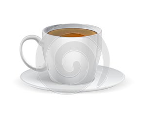 Realistic white porcelain cup with coffee drink. Ceramic mug and saucer. Morning caffeine beverage serving. Side view of