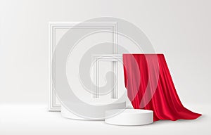 Realistic white Product podium with white picture frames and red silk drapery over white background. Blank background