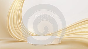 Realistic white product podium showcase with golden liquid on back. Luxury 3d style background concept. Vector illustration for