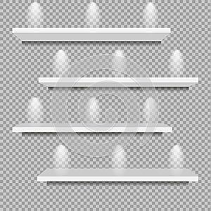 Realistic white shelves on a transparent background. Empty store bookshelf exposition shadows and lights on wall shop