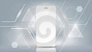 Realistic white smartphone mockup with futuristic technology concept, mobile phone abstract background, vector illustration