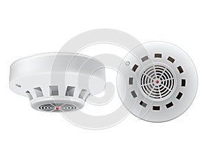 Realistic white smoke detector with red indicator vector illustration alarm fire sensor security photo