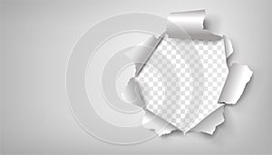 Realistic white torn paper with rolled upsides and round-shaped hole isolated on transparent background.