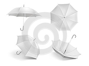 Realistic white umbrella mockup. Blank open fabric parasol, outdoor weather waterproof umbrellas vector template set