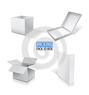 Realistic white vector opened and closed blank box set illustration with shadows.
