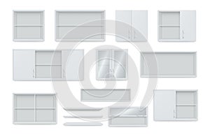 Realistic white wall cabinets and shelves collection vector illustration personal things storage