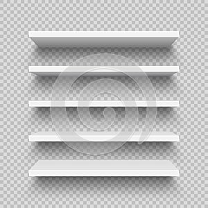 Realistic white wall shelf collection on checkered background. Empty store rack. Vector illustration.