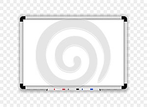 Realistic whiteboard. Office board with marker pens. Empty board. Mock up white magnetic board. Scool blackboard. Space for your