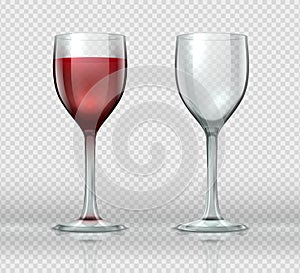 Realistic wine glasses. Transparent isolated wineglass with red wine, 3D empty glass cup for cocktails. Vector winery photo