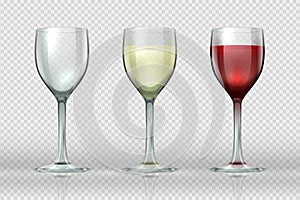 Realistic wine glasses. Wineglass with red and white wine for gourmets. 3D empty isolated glass cup on transparent