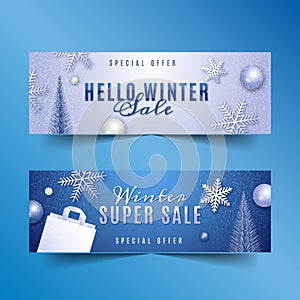 realistic winter sale horizontal banners set vector illustration