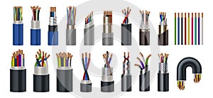 Realistic wires. Flexible electric cables with different isolation types. 3D coaxial bundles of twisted colorful power