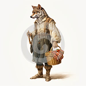 Realistic Wolf Illustration With Fruit Basket In Folk-inspired Style