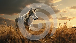 Realistic Wolf Portrait In A Field At Sunset
