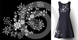 Realistic woman dress embroidery floral decoration. 3d detailed fashion stitched white ornament patch on dark blue