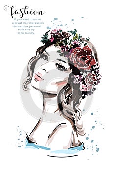 Realistic woman portrait. Hand drawn beautiful young woman with hair flower wreath.