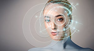 Realistic woman robot with eye scanner of human