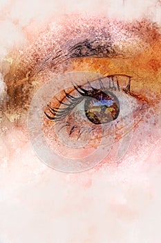 Realistic womans eye. Watercolor illustration on textured paper