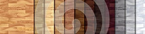 Realistic Wood textured seamless patterns set. Wooden plank, board, natural brown floor or wall repeat texture. Vector