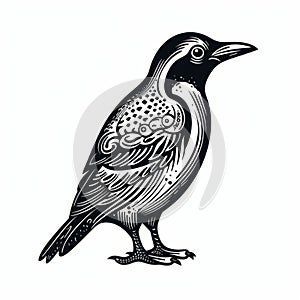 Realistic Woodcut Black Bird Illustration On White Background