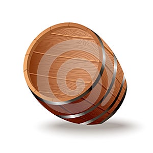 Realistic wooden barrel. Isolated oak cask with timber body with iron rings on white background. Vector realistic keg