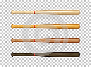 realistic wooden baseball bat icon set. Closeup isolated on transparent background. Design template