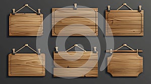 Realistic wooden boards on ropes. Banners or labels for a bar or saloon in rustic style. 3D modern illustration of blank