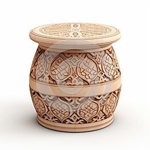 Realistic Wooden Carved Stool: Detailed Rendering And Arabesque Design
