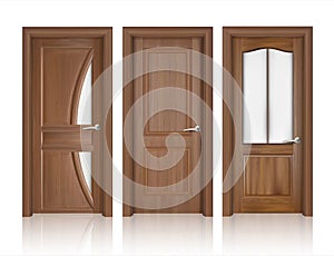 Realistic wooden doors design icon set in different styles