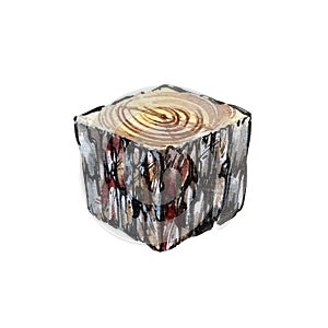 Realistic wooden fibers cube with bark isolated on white background. Watercolor hand drawn illustration. Art for design
