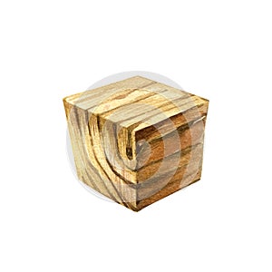 Realistic wooden fibers cube isolated on white background. Watercolor hand drawing detailed illustration. Art for design