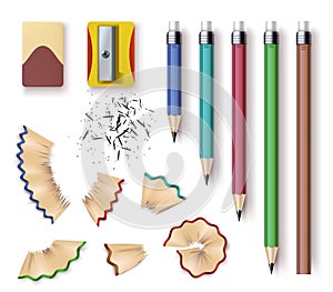 Realistic wooden graphite pencils, sharpener, eraser and shavings. Sharpened pencil sizes, writing and drawing tools