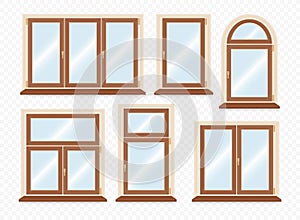 Realistic wooden plastic windows set